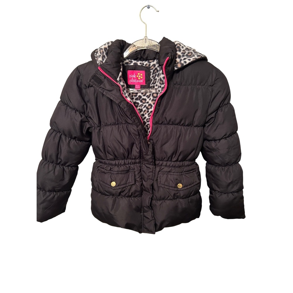 Pink Platinum Girls 10/12 Puffer Jacket Black Leopard Print Lined‎ Hooded zip